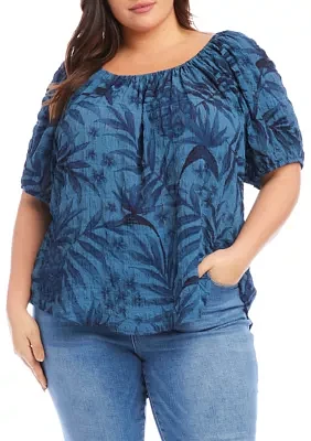 Plus Elbow Puff Sleeve Printed Peasant Top