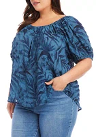 Plus Elbow Puff Sleeve Printed Peasant Top