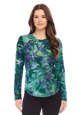 Petite Long Sleeve Burnout Printed Top