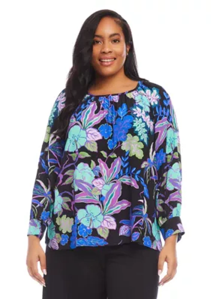 Plus Long Sleeve Printed Peasant Top