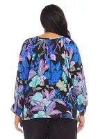 Plus Long Sleeve Printed Peasant Top