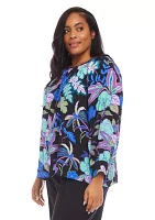 Plus Long Sleeve Printed Peasant Top