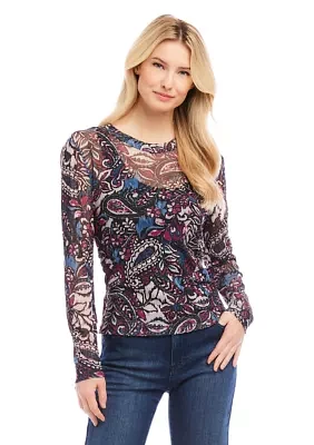 Petite Long Sleeve Paisley Crew Neck Top