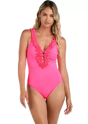 Island Goddess Ruffle Plunge Maillot One Piece Swimsuit