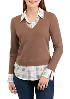 A. Byer Juniors' Long Sleeve Ribbed Sweater with Plaid Woven Shirt