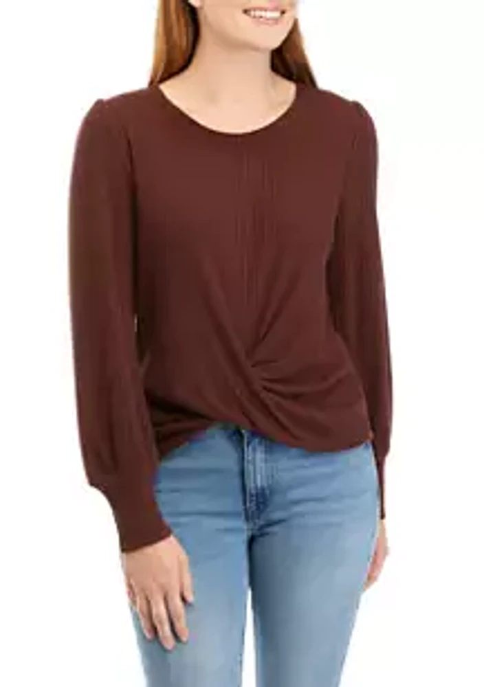 A. Byer Juniors' Long Sleeve Solid Waffle Knot Front Top