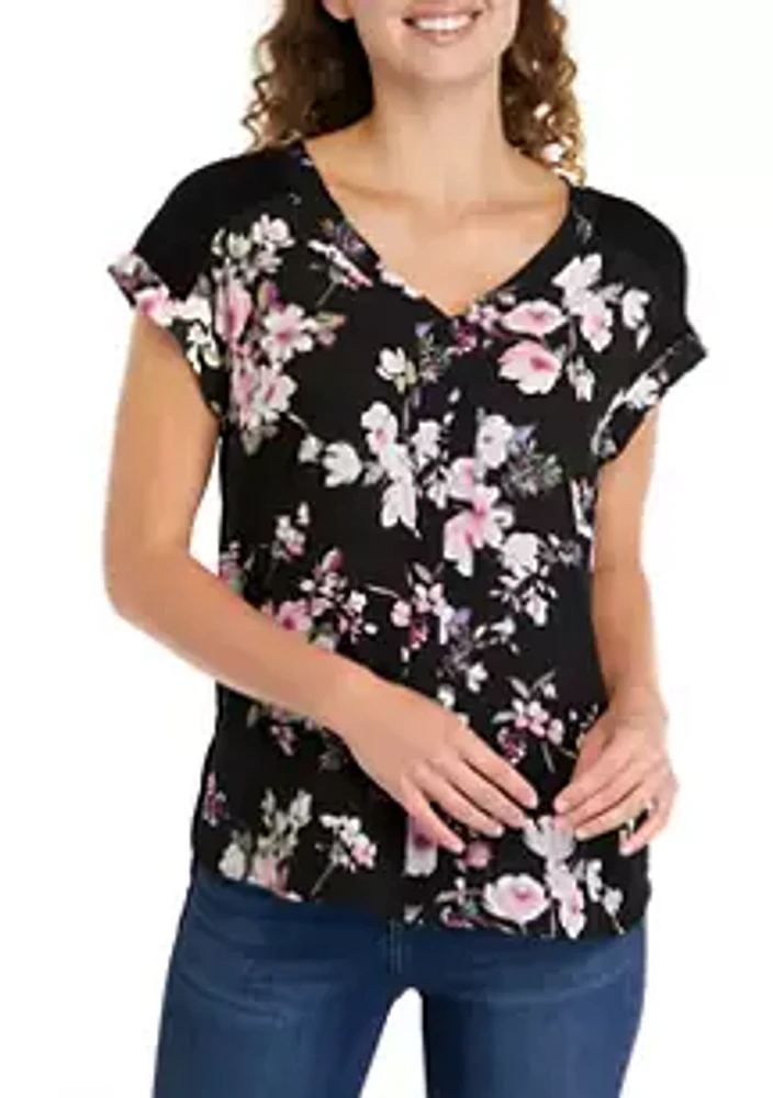 A. Byer Juniors' Floral Printed Top with Button Detail