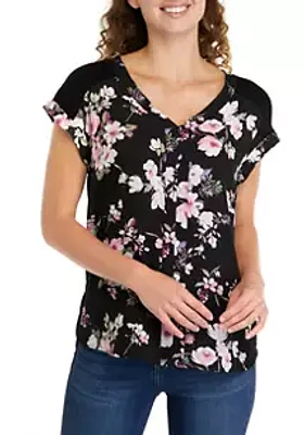 A. Byer Juniors' Floral Printed Top with Button Detail