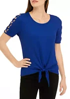 A. Byer Juniors' Short Sleeve Lattice Tie Front Knit Top