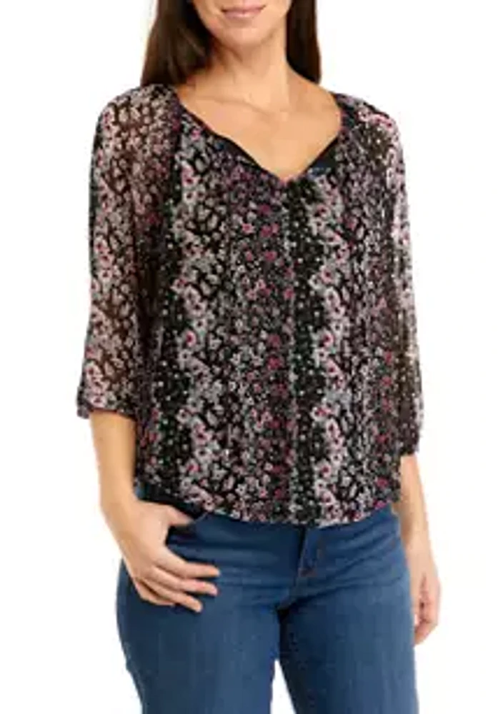 A. Byer Juniors' 3/4 Sleeve Printed Mesh Peasant Top