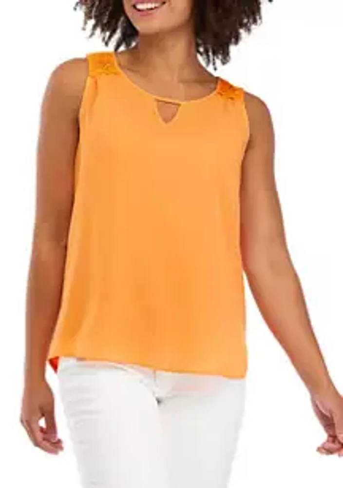 A. Byer Juniors' Sleeveless Solid Knit Woven Keyhole Top