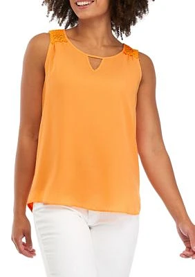 Juniors' Sleeveless Solid Knit Woven Keyhole Top