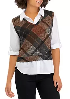 A. Byer Juniors' Poplin Shirt and Plaid Knit Vest Set