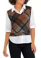 A. Byer Juniors' Poplin Shirt and Plaid Knit Vest Set