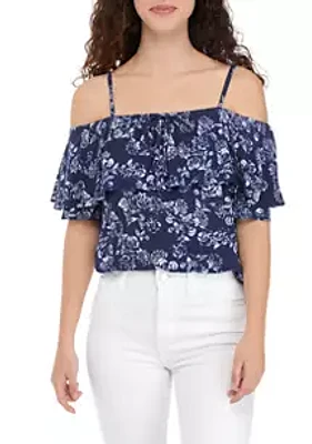 A. Byer Juniors' Short Sleeve Off the Shoulder Tie Band Bottom Top