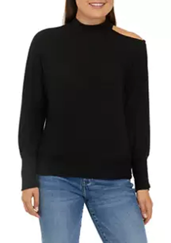 A. Byer Juniors' Long Sleeve Mock Neck Brushed Hacci Cut Out Top