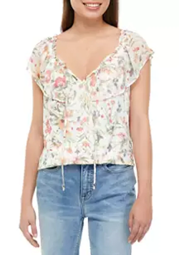 A. Byer Juniors' Flutter Sleeve Tie Front Floral Top