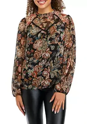 A. Byer Juniors' Long Sleeve Printed Mixed Media Peasant Top