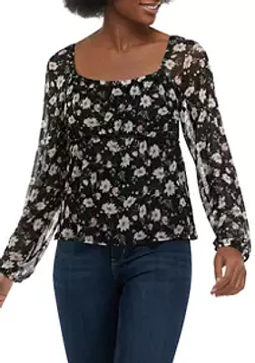 A. Byer Juniors' Blouson Sleeve Floral Printed Mesh Peplum Top