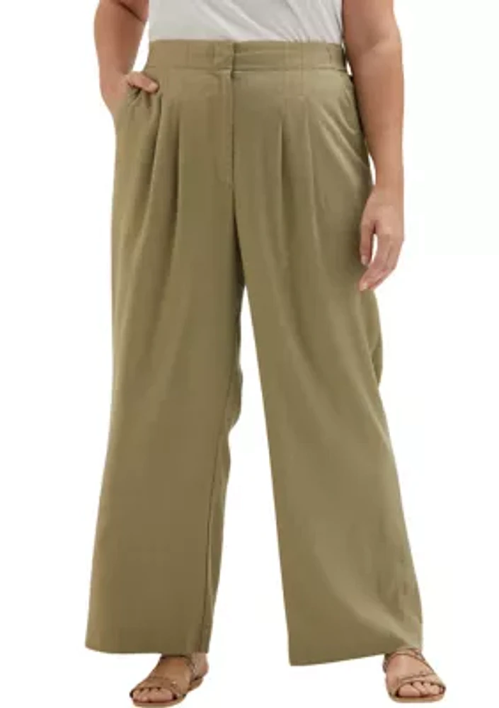 Plus Linen Blend Pleated Wide Leg Pants