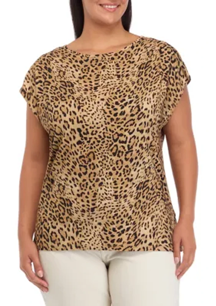 Plus Leopard Print Rivet Detail Cap Sleeve Tank Top