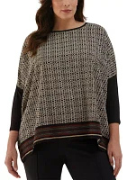 Plus Medallion Print Knit Woven 3/4 Sleeve Top