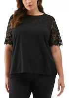 Plus Lace Yoke Knit Short Sleeve Top