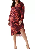 Plus Faux Wrap Long Sleeve Midi Dress