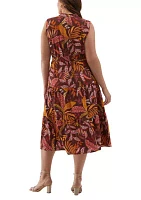 Plus Leaf Printed Belted Sleeveless Dress