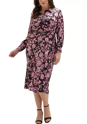 Plus Floral Print Gathered Popover Long Sleeve Midi Dress