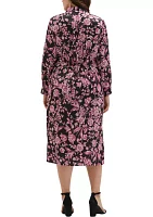 Plus Floral Print Gathered Popover Long Sleeve Midi Dress