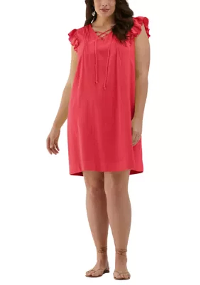 Plus Linen Blend Pintuck Sleeveless Dress