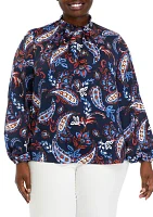 Plus Paisley Print Smocked Neck Long Sleeve Blouse