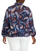 Plus Paisley Print Smocked Neck Long Sleeve Blouse