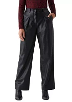 Petite Vegan Leather Wide Leg Pleated Pants