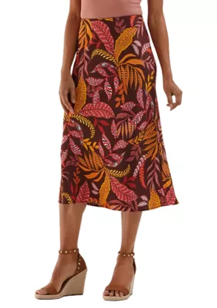 Petite Leaf Print Shine Midi Bias Skirt