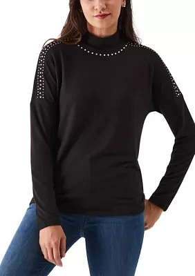 Petite Embellished Mock Neck Long Sleeve Top