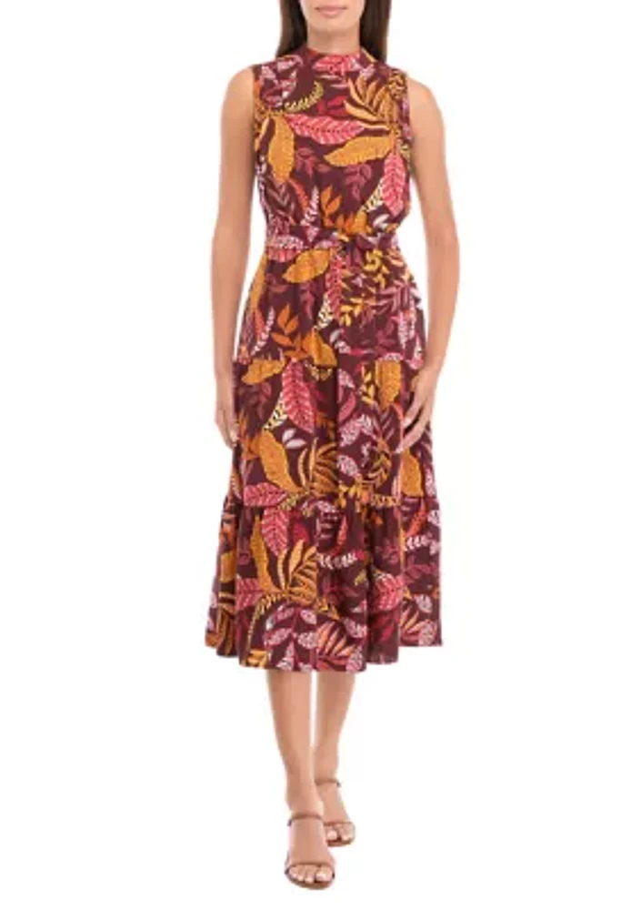 Petite Leaf Print Belted Sleeveless Dress