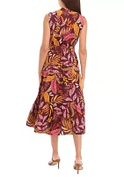 Petite Leaf Print Belted Sleeveless Dress