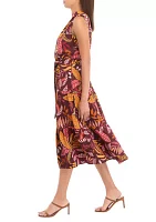 Petite Leaf Print Belted Sleeveless Dress