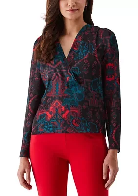 Petite Grand Tapestry Print Cross-Front Long Sleeve Blouse