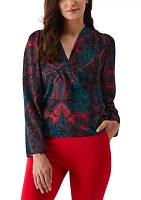 Petite Grand Tapestry Print Cross-Front Long Sleeve Blouse