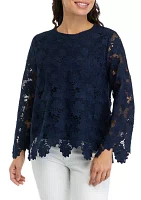 Petite Scalloped Lace Long Sleeve Blouse