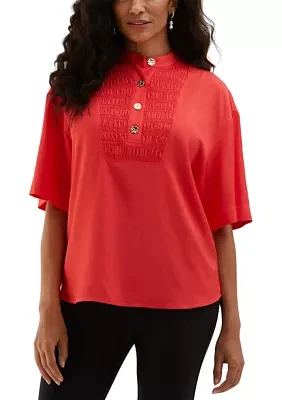 Petite Smocked Banded Collar Short Sleeve Top