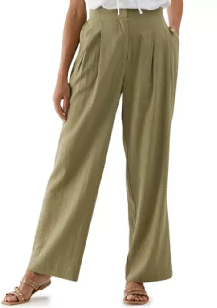 Women's Linen Blend Pleated Wide Leg Pants