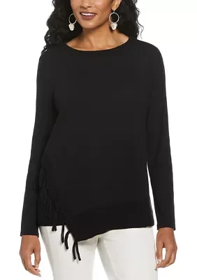 Women's Long Sleeve Fringe Asymmetrical Hem Top