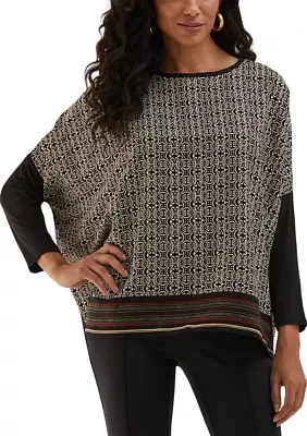 Women's Medallion Print Knit Woven 3/4 Sleeve Top