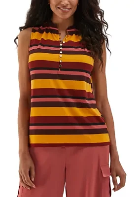 Women's Striped Button Front Ruffle Sleeveless Tank Top