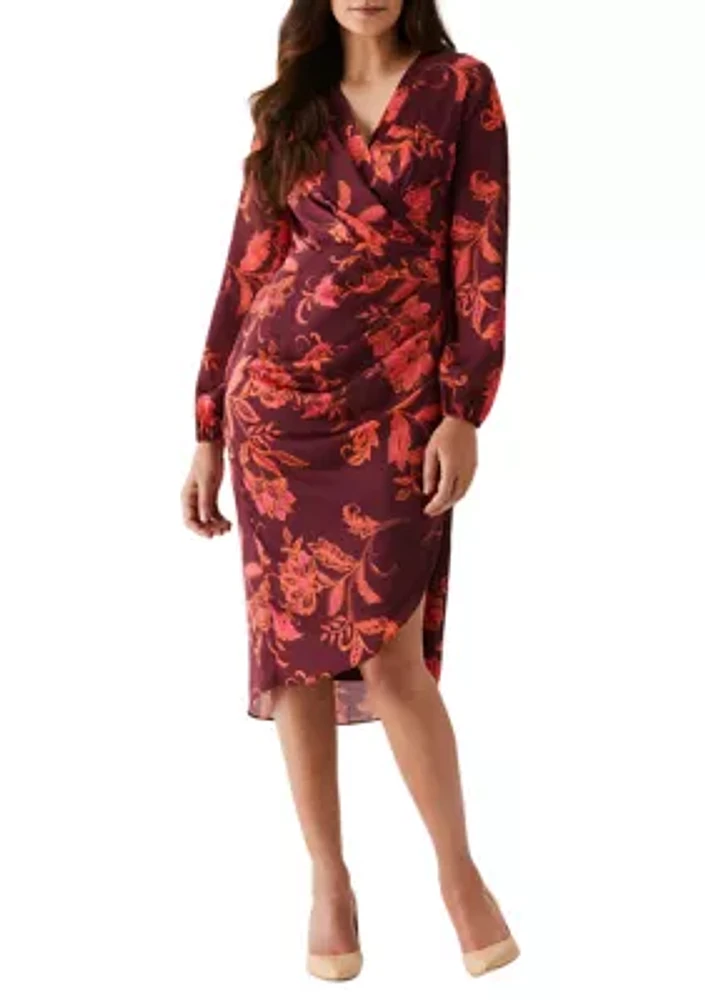 Women's Faux Wrap Long Sleeve Midi Dress