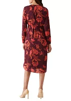 Women's Faux Wrap Long Sleeve Midi Dress